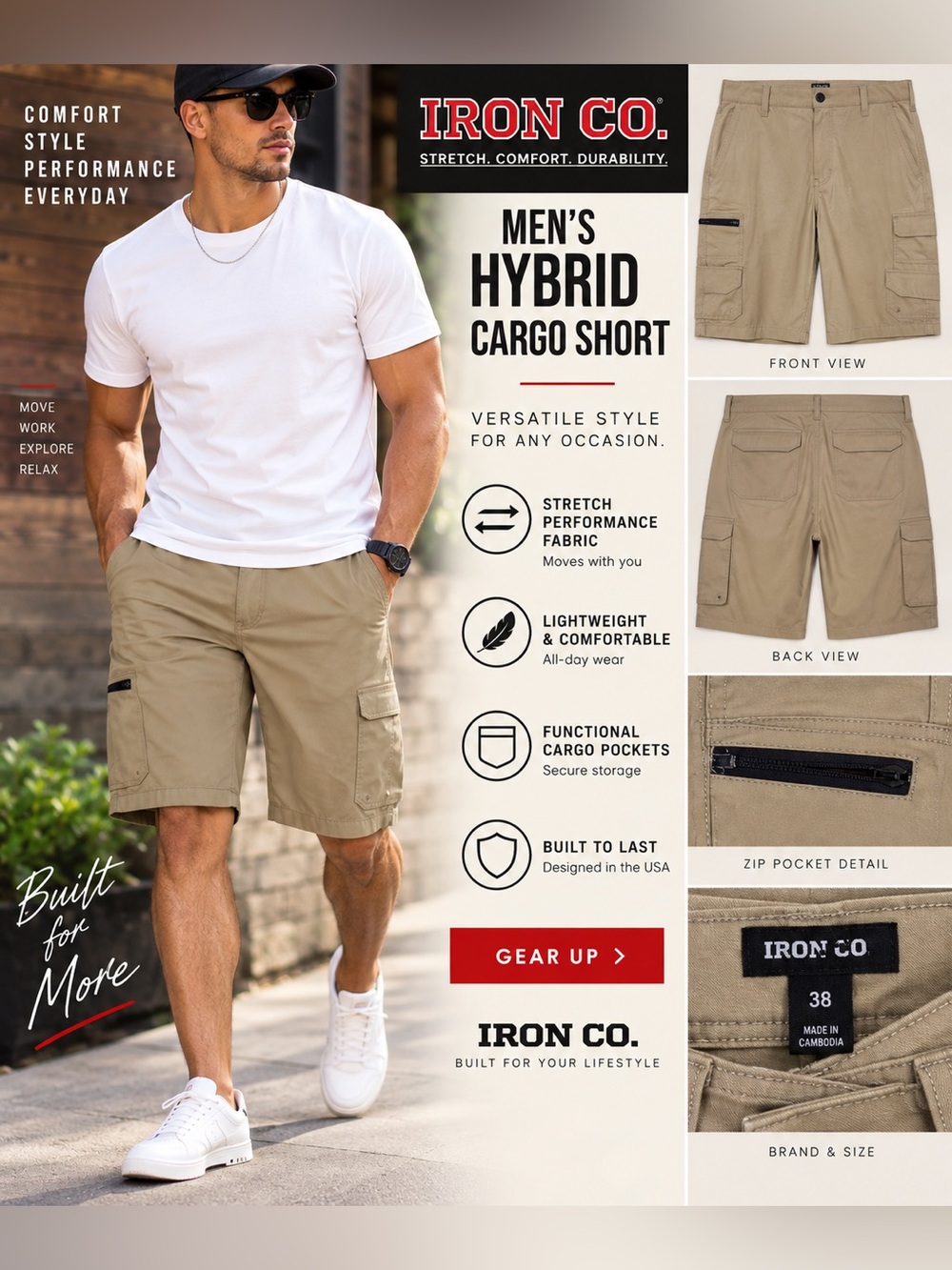 Iron Co. Men’s Hybrid Cargo Shorts — Khaki